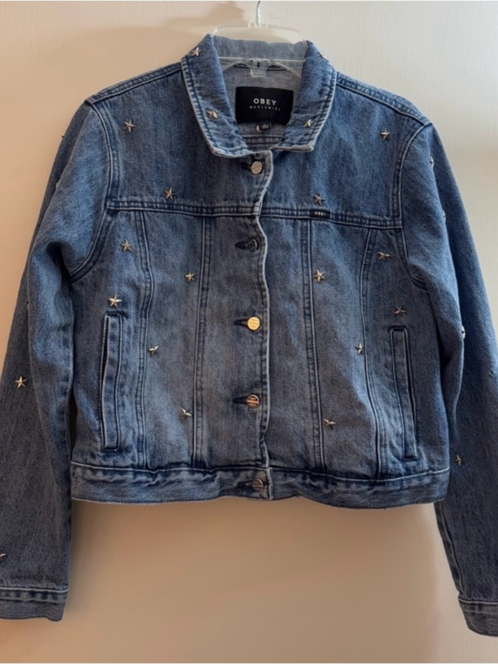 Obey Cropped Star Studded Blue Denim Jean Jacket Stardom Size Medium View 2